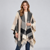 Color Block Poncho Cape with Fringe Hem