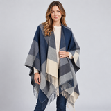 Color Block Poncho Cape with Fringe Hem