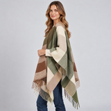 Color Block Poncho Cape with Fringe Hem