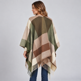Color Block Poncho Cape with Fringe Hem