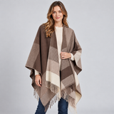 Color Block Poncho Cape with Fringe Hem