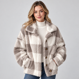 Plaid Fleece Jacket with Button Front and Wide Collar
