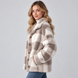 Plaid Fleece Jacket with Button Front and Wide Collar