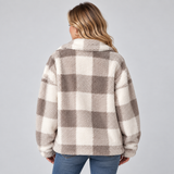 Plaid Fleece Jacket with Button Front and Wide Collar