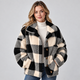 Plaid Fleece Jacket with Button Front and Wide Collar