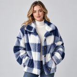 Plaid Fleece Jacket with Button Front and Wide Collar