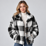 Plaid Fleece Jacket with Button Front and Wide Collar