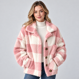 Plaid Fleece Jacket with Button Front and Wide Collar