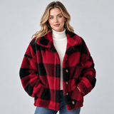 Plaid Fleece Jacket with Button Front and Wide Collar
