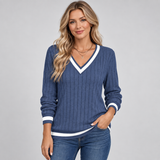 Ribbed V-Neck Sweater with Contrast Trim