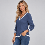 Ribbed V-Neck Sweater with Contrast Trim