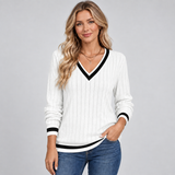 Ribbed V-Neck Sweater with Contrast Trim