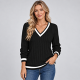 Ribbed V-Neck Sweater with Contrast Trim