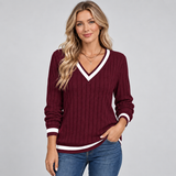 Ribbed V-Neck Sweater with Contrast Trim