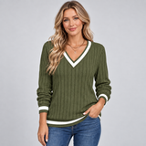 Ribbed V-Neck Sweater with Contrast Trim