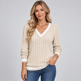 Ribbed V-Neck Sweater with Contrast Trim