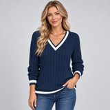 Ribbed V-Neck Sweater with Contrast Trim
