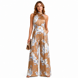 Floral Wide-Leg Jumpsuit with Halter Neck and Pleated Waist