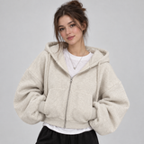 Cropped Zip-Up Hoodie with Drawstring Hood and Balloon Sleeve