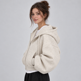 Cropped Zip-Up Hoodie with Drawstring Hood and Balloon Sleeve