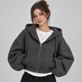 Cropped Zip-Up Hoodie with Drawstring Hood and Balloon Sleeve