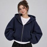 Cropped Zip-Up Hoodie with Drawstring Hood and Balloon Sleeve