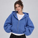 Cropped Zip-Up Hoodie with Drawstring Hood and Balloon Sleeve