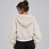 Cropped Zip-Up Hoodie with Drawstring Hood and Balloon Sleeve