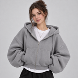 Cropped Zip-Up Hoodie with Drawstring Hood and Balloon Sleeve