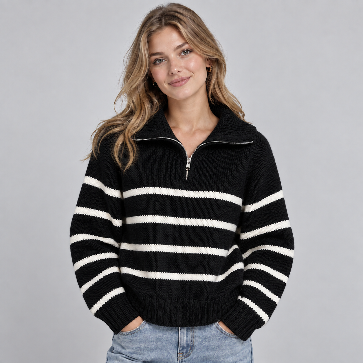 Striped Quarter-Zip Knit Sweater with Funnel Neck