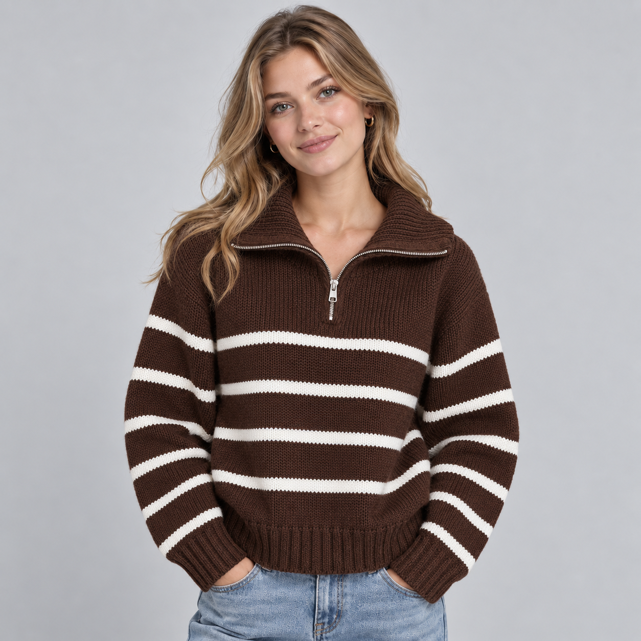 Striped Quarter-Zip Knit Sweater with Funnel Neck
