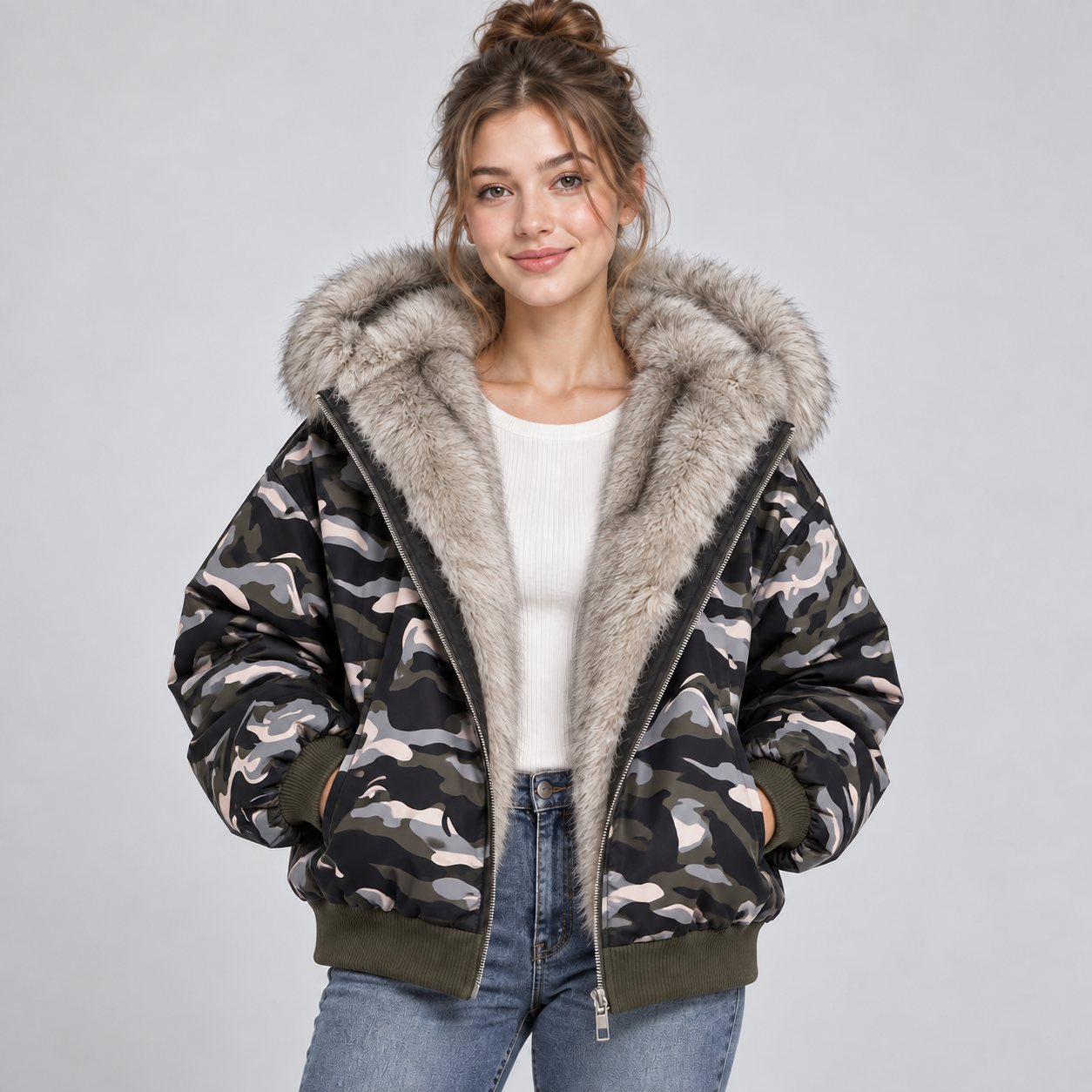 Hooded Puffer Jacket with Faux Fur Trim and Zip Front