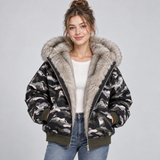 Hooded Puffer Jacket with Faux Fur Trim and Zip Front
