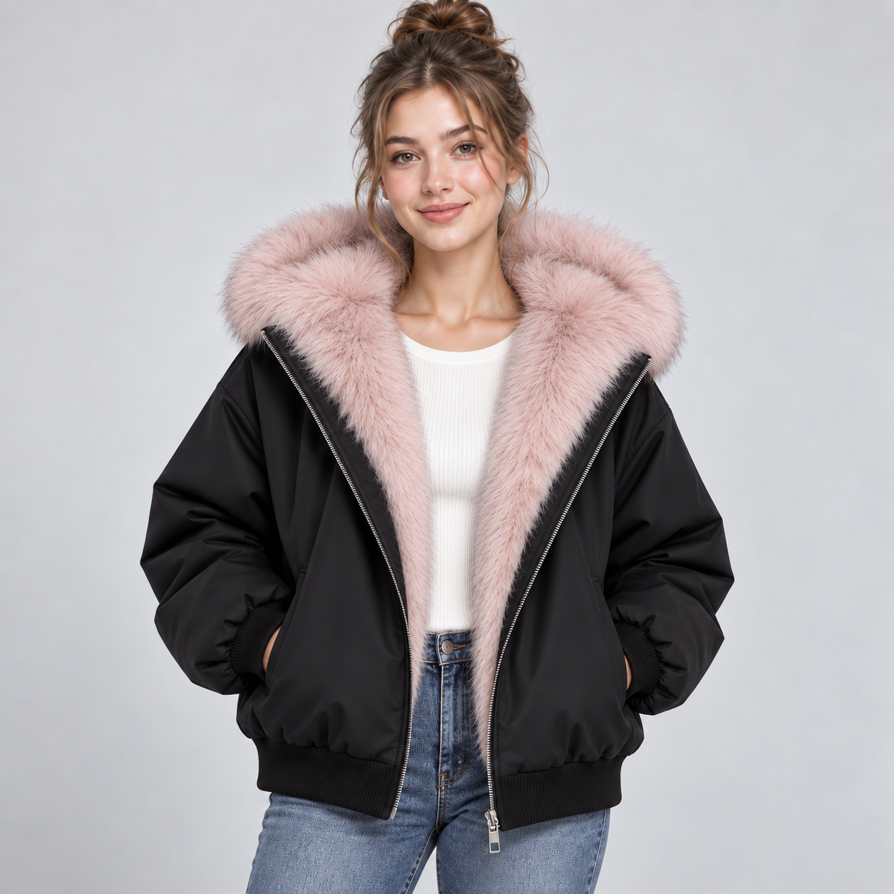 Hooded Puffer Jacket with Faux Fur Trim and Zip Front
