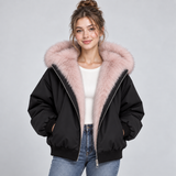 Hooded Puffer Jacket with Faux Fur Trim and Zip Front