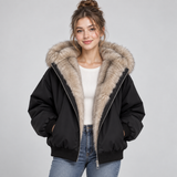 Hooded Puffer Jacket with Faux Fur Trim and Zip Front