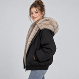 Hooded Puffer Jacket with Faux Fur Trim and Zip Front