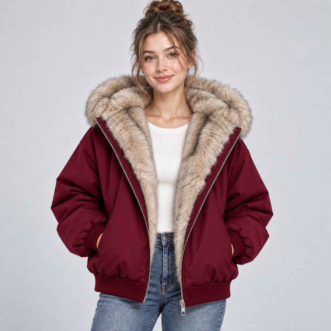 Hooded Puffer Jacket with Faux Fur Trim and Zip Front