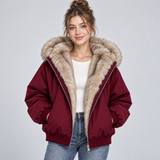 Hooded Puffer Jacket with Faux Fur Trim and Zip Front