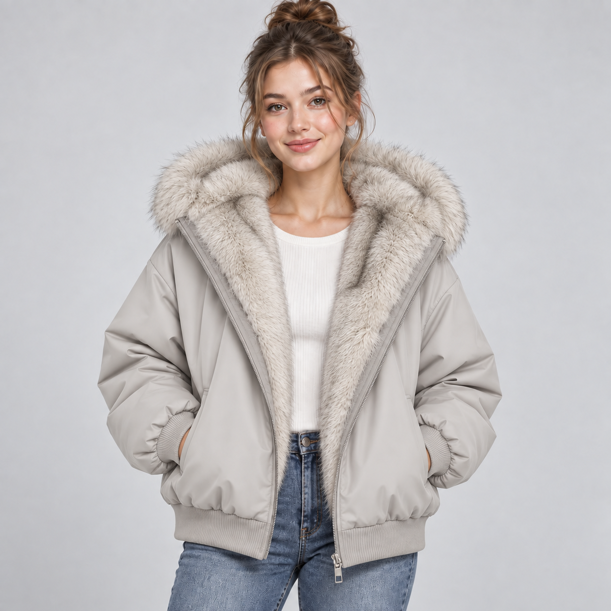 Hooded Puffer Jacket with Faux Fur Trim and Zip Front