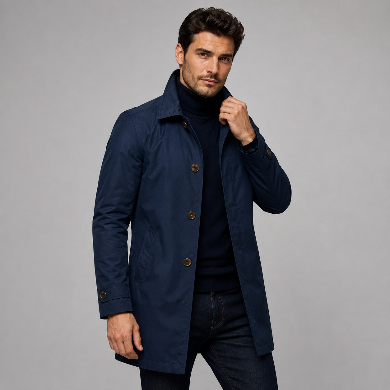 Tailored Car Coat with Button Front and Point Collar