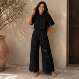 Floral Lace Two-Piece Set with Wide-Leg Pants and Tie Waist