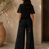 Floral Lace Two-Piece Set with Wide-Leg Pants and Tie Waist