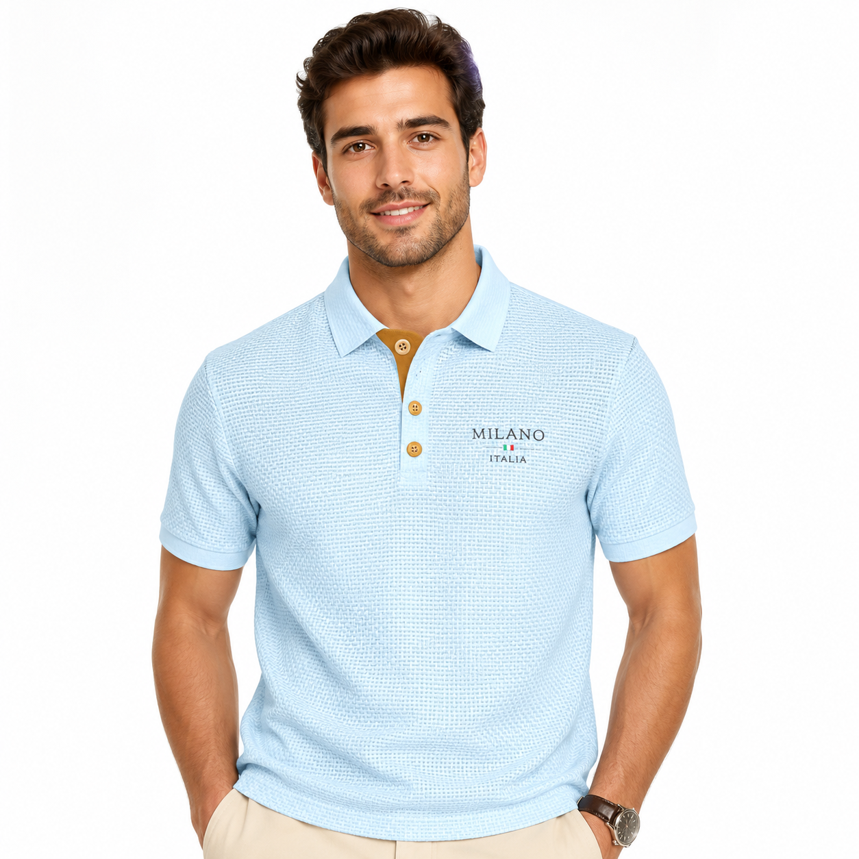 Textured Polo Shirt with Short Sleeves and Button Neck
