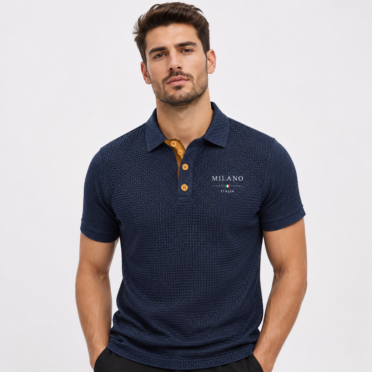 Textured Polo Shirt with Short Sleeves and Button Neck