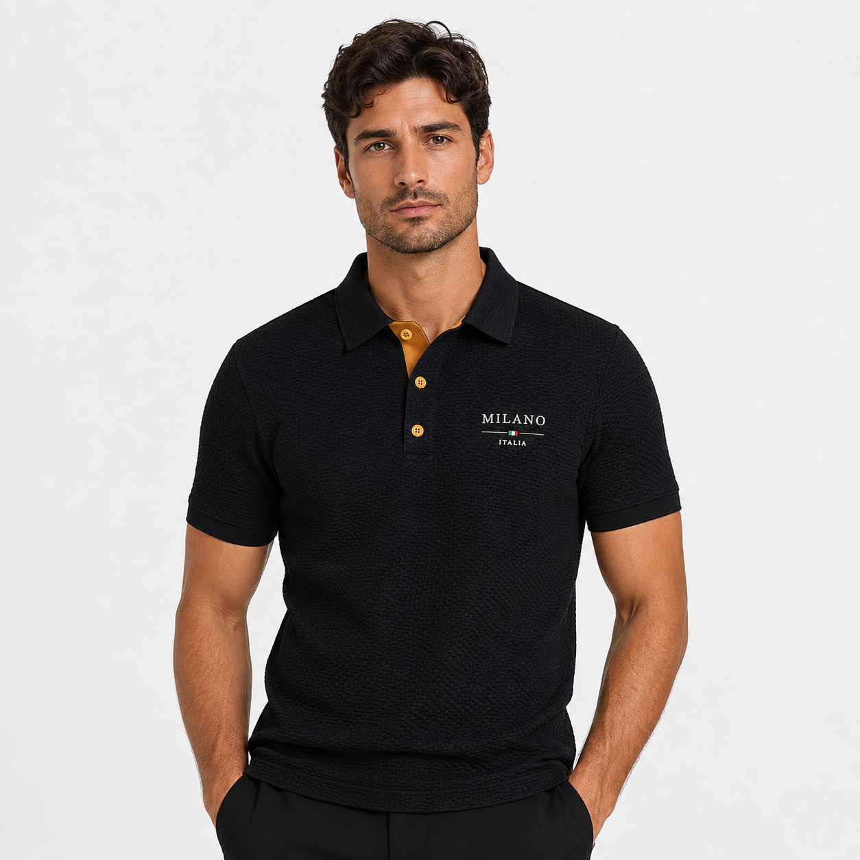 Textured Polo Shirt with Short Sleeves and Button Neck