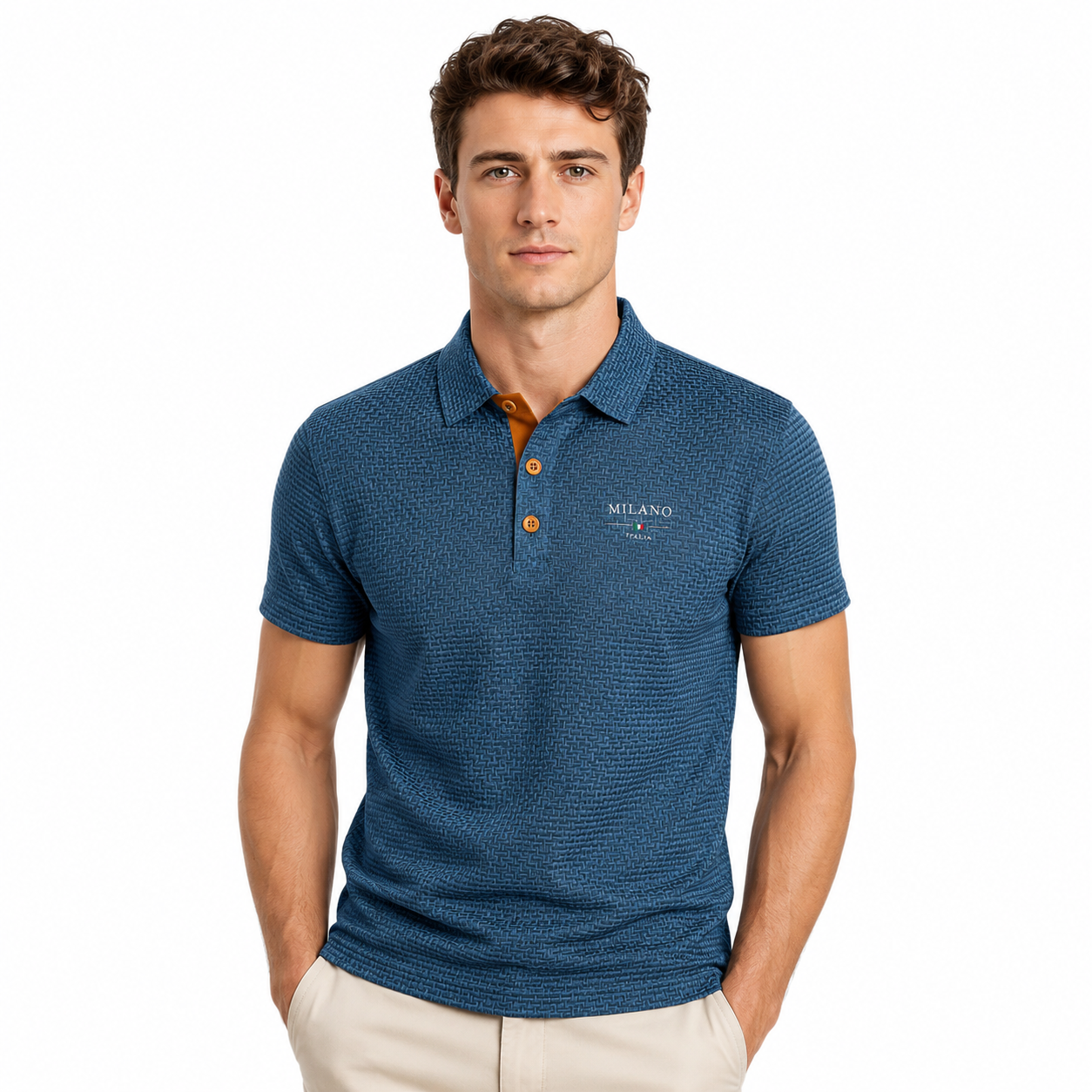 Textured Polo Shirt with Short Sleeves and Button Neck