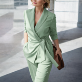 Wrap Blazer and Wide-Leg Pants Suit Set with Tie Waist