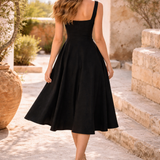 Full-Skirt Midi Dress with Square Neck and Wide Straps