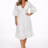 Eyelet Lace Midi Dress with V-Neck and Ruffle Sleeves